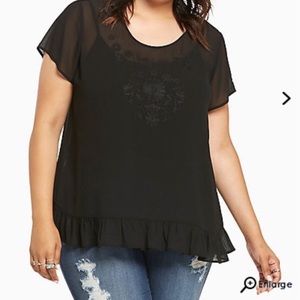 Embroidered Chiffon Ruffled Hem Top